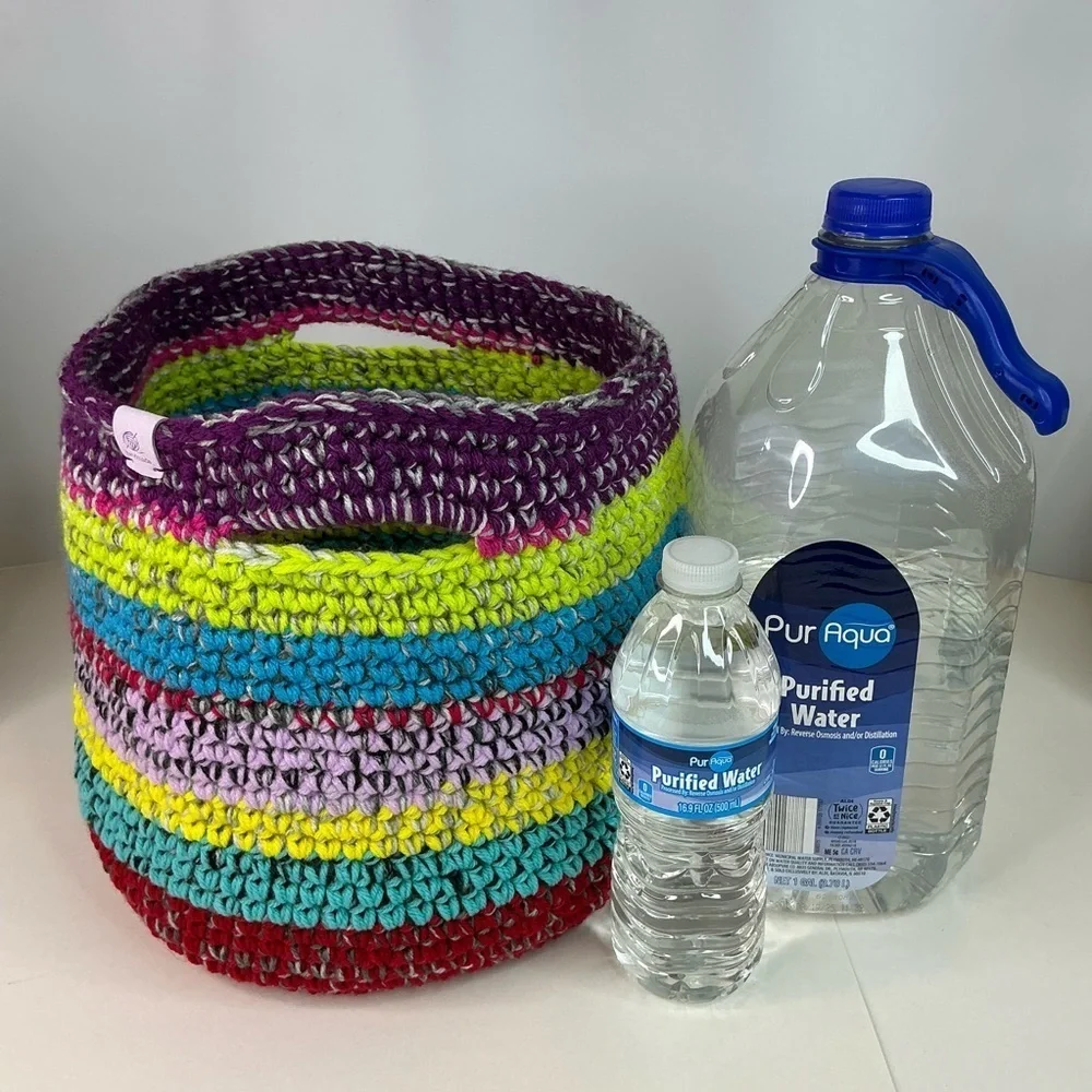 Handcrafted Multicolor Crochet Scrap Woven Tote Bag Basket Storage Handmade Knit